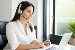 Kobieta w słuchawkach z mikrofonem bierze udział w webinarze przy laptopie w domowym biurze i notuje w zeszycie