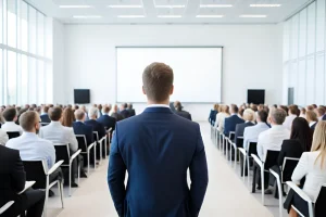 Widok od tyłu sali konferencyjnej: rzędy uczestników patrzą na duży pusty ekran projekcyjny, pośrodku stoi mężczyzna w granatowym garniturze