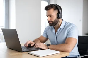 Młody brodaty mężczyzna w słuchawkach uczestniczy w szkoleniu online przy laptopie, obok leży otwarty notes