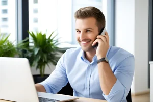 mężczyzna rozmawia przez telefon przy biurku